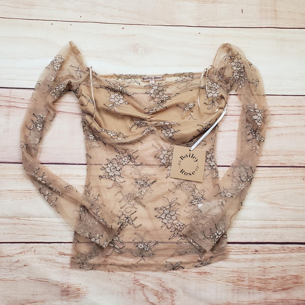 Bailey Rose Shirt Womens XS Beige Lace Off Shoulder Mesh Floral BRY1300-1